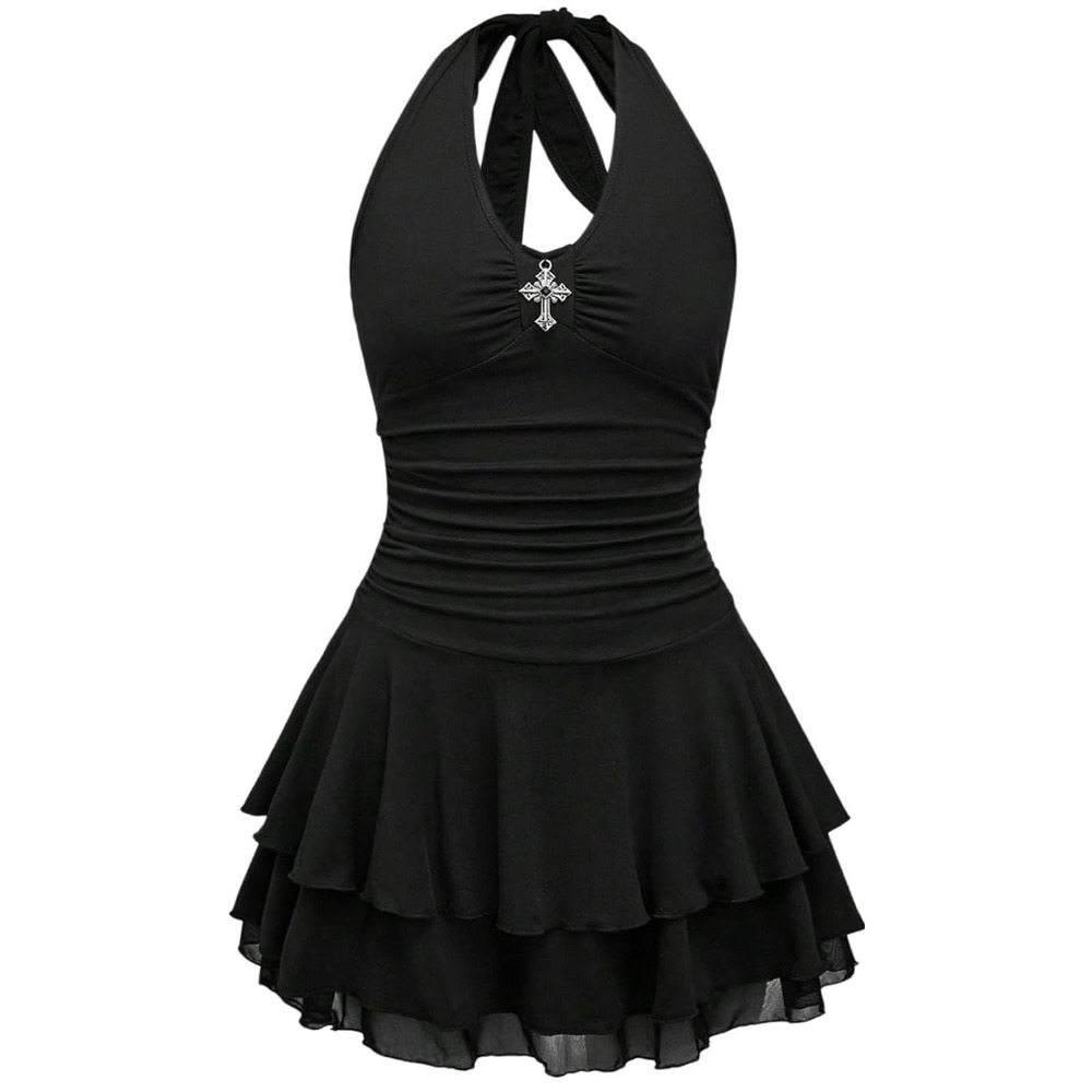 Black Halter Mini Dress Tiered Mesh Ruffle Skirt Gothic Cross 4XL